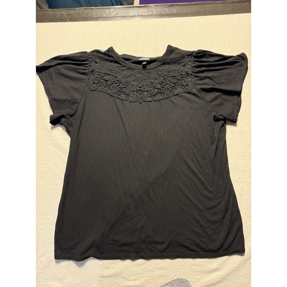 Torrid Women’s Black Solid Round Neck Short Sleeve Knit Lace Yoke T-Shirt 2XL